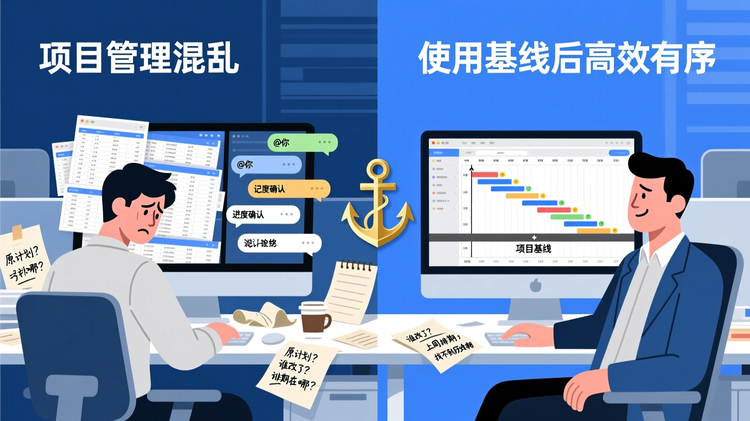 16:9 横版扁平化矢量插画,B 端 SaaS 产品功能文章配图。画面采用左右对比结构:左侧呈现项目管理新手的工作困扰,年轻的职场人坐在办公桌前皱眉困惑,电脑屏幕堆叠着杂乱的表格窗口、聊天弹窗,桌面散落零散的日程纸张,具象化 “记不清原始计划、手动核对进度、找不到历史排期” 的混乱状态;右侧呈现使用项目基线后的清晰状态,同一人物神态放松,电脑屏幕展示整洁的甘特图,一条深灰色基准线稳稳贯穿画面,一枚简约的金色船锚图标固定在基线上,呼应 “给项目计划定一个锚” 的核心概念,进度差异清晰可辨。整体以科技蓝、浅灰白为主色调,金色点缀重点,画风干净简洁,人物形象简约专业,无多余装饰,画面层级清晰,无品牌 Logo 与冗余文字