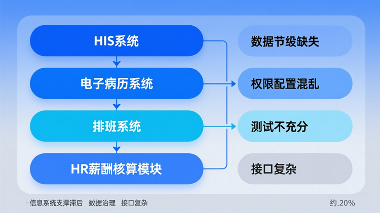 采用线性流程+依赖链布局,纵向排列四个系统对接模块:顶部'HIS系统'、中部'电子病历系统'、'排班系统',底部'HR薪酬核算模块',各模块间用单线实线连接,标明数据流向。右侧列出三大常见延迟原因:'数据字段缺失'、'权限配置混乱'、'测试不充分'。关键词包括:'信息系统支撑滞后'、'数据治理'、'接口复杂'。主色调为深蓝,系统模块使用圆角矩形,边框统一,文字水平居中,流程线粗细一致,右侧问题列表左对齐,与主图保持间距,整体结构清晰,留白12%。