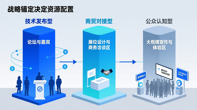 对比型柱状图展示三种不同展会目标下的资源分配差异:技术发布型(高预算投入论坛与嘉宾)、商贸对接型(侧重展位设计与商务洽谈区)、公众认知型(大规模宣传与体验区)。数据可视化支撑‘战略锚定决定资源配置’的核心论点,图表色调统一,信息清晰。