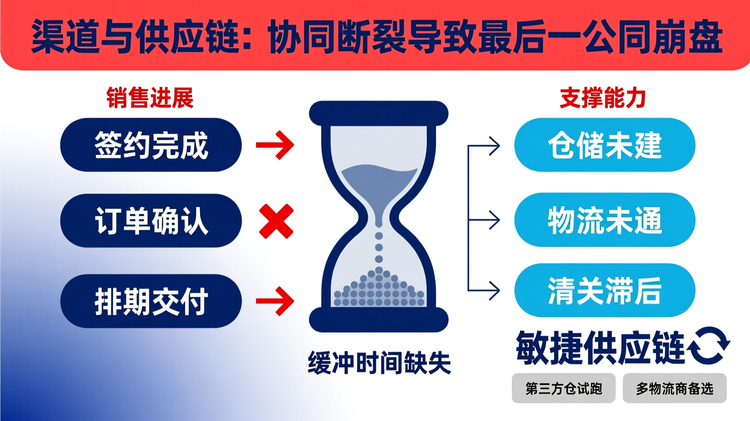 服务于“渠道与供应链:协同断裂导致最后一公里崩盘”段落,采用左右对称布局,左侧列“销售进展”:'签约完成'→'订单确认'→'排期交付';右侧列“支撑能力”:'仓储未建'→'物流未通'→'清关滞后',二者之间用红色叉号连接,象征协同断裂。中部纵向放置一个倒计时沙漏图标,标注‘缓冲时间缺失’,强化节奏错配主题。主色调为深蓝色,辅助色为灰蓝与警告红。核心关键词'敏捷供应链'位于右下角,加粗放大,配以循环箭头图标表示迭代策略。在右侧底部添加两个小色块说明建议方案:'第三方仓试跑'与'多物流商备选',用浅色边框区分。所有文字水平对齐,字号分级明显,“孤岛效应”用主色调斜体标注于顶部警示区。线条仅用于列分割和流程指示,无装饰元素,整体保持极简。