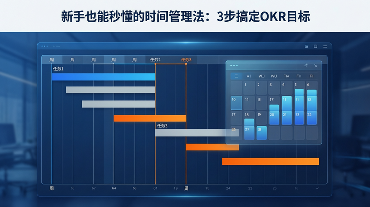 主视觉为简洁现代的Ganttable工具界面简化示意——左侧是清晰的甘特时间轴(横轴为周,纵轴为任务条,3条彩色任务条呈阶梯式排列,标注'任务1''任务2''任务3'),右侧叠加半透明工作日历视图(7列日期格,其中3个格子内有蓝色渐变高度卡片,代表已绑定任务的工时块);整体构图居中,甘特+日历组合占画面65%面积,形成强项目管理领域辨识度;顶部留白区居中置入纯文字标题'新手也能秒懂的时间管理法:3步搞定OKR目标',字体干净无衬线,字号适中,不遮挡核心图形;风格:数字化办公插画风;主色调:科技蓝;辅助色:浅灰、活力橙