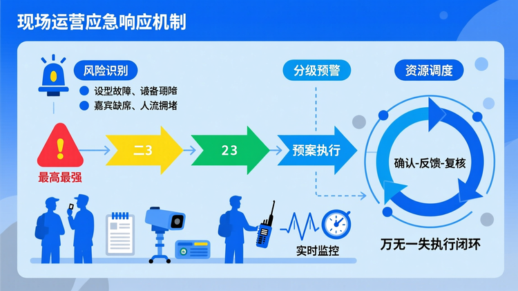 现场运营应急响应机制图,采用红黄绿三色预警等级体系,列举典型风险场景(如设备故障、嘉宾缺席、人流拥堵)及对应处置流程。辅以工作人员值守、技术支持待命、安全巡查等现场元素插图,强化第六步‘万无一失执行闭环’的操作细节。