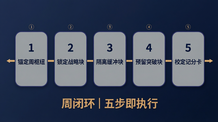 (紧随段落‘执行只需五步……’之后):风格为「现代极简信息图」。采用横向五步流程图布局,等距排列于一条深靛蓝主轴线上(轴线贯穿画面宽度70%,粗1.5pt,两端带微小箭头)。每步以圆角矩形卡片呈现(圆角半径6px,填充雾灰,描边0.8pt深靛蓝),卡片内上方为编号①–⑤(深靛蓝,Bold,字号占卡片高度22%),下方为精炼动词短语:①‘锚定周枢纽’、②‘锁定战略块’、③‘隔离缓冲块’、④‘预留突破块’、⑤‘校准记分卡’。五张卡片垂直居中对齐,间距为卡片高度1.3倍。主轴线下方中央,用暖沙金粗体字标注核心关键词‘周闭环|五步即执行’,其中‘周闭环’放大至‘五步即执行’的1.4倍字号,居中对齐轴线。
