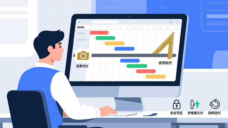 16:9 横版扁平化矢量插画,B 端 SaaS 产品功能文章配图,与前文左右对比版风格完全统一,科技蓝 + 浅灰白主色调,暖金色点缀核心元素,画风简洁专业。画面为桌面办公视角,同一位年轻职场人侧身注视电脑屏幕,神态从容清晰。屏幕内的甘特图上,一条深灰色基线条横贯画面,基线上叠加了轻量化的相机快门图标与直尺图标,分别对应 “基准快照” 和 “参照标尺” 的核心隐喻;基线上下错落分布着彩色的当前任务条,与基线形成清晰的位置差,直观体现进度对比。画面右下角整齐排布三个迷你线性图标:锁头、对比箭头、回旋箭头,对应三大特性,整体氛围沉稳有序,无多余装饰与品牌标识