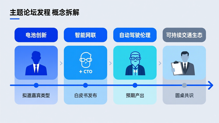 分论坛议程概念拆解图,以时间轴形式列出3-5个典型论坛主题(如电池创新、智能网联、自动驾驶伦理),每个主题下标注拟邀嘉宾类型(企业CTO、科研专家、政策制定者)和预期产出(白皮书发布、圆桌共识)。体现内容策划的专业性与传播深度,适合作为内容板块配图。