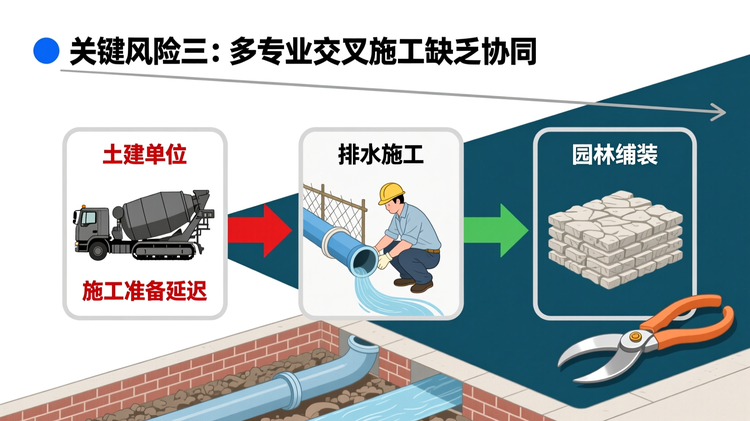配图设计要求:\n风格:现代简约工笔风\n布局结构:Z型阅读动线布局(自上而下→右移→再下)\n主色调:黛青色;辅助色:月白色、砖红色\n顶部区域:书写‘关键风险三:多专业交叉施工缺乏协同’,黑体加粗,左侧配蓝色实心圆点图标,下方引出一条灰色细实线指向中层流程图。\n中层流程图:三个垂直模块并列排布——左‘土建单位’(图标为混凝土搅拌车)、中‘排水施工’(图标为PVC管道与工人)、右‘园林铺装’(图标为石板与园艺剪),模块间以交错箭头表示依赖关系。其中‘土建滞后’红色箭头压住‘排水准备’模块,形成阻断效果;‘园林急进’箭头则提前切入‘排水作业面’,造成空间冲突。\n底层冲突放大图:中部排水管与底部电力管沟发生标高碰撞,采用剖面透视画法,排水管(蓝色)本应低于电力管(橙色),但实际绘为上穿交叉,接口处打叉并标注‘现场拆改’。\n关键词位置:‘施工准备延迟’置于左模块下方,砖红色强调;‘图纸会审不到位’置于冲突图上方警示区,带感叹号图标。\n分隔元素:三大模块外框为轻边框矩形,彼此间距一致;冲突图单独下沉,用红色虚线框包围以示问题聚焦。\n说明:清晰表达多方协作断裂与物理冲突,紧扣‘缺乏协同’主题。