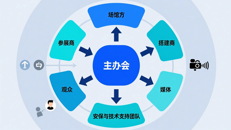 流程图形式呈现展会涉及的主要利益相关方及其互动关系,包括主办方、参展商、场馆方、媒体、观众、搭建商、安保与技术支持团队等。使用不同颜色区块区分角色类型,箭头表示协作流向,突出系统化统筹的必要性,背景简洁无装饰元素。