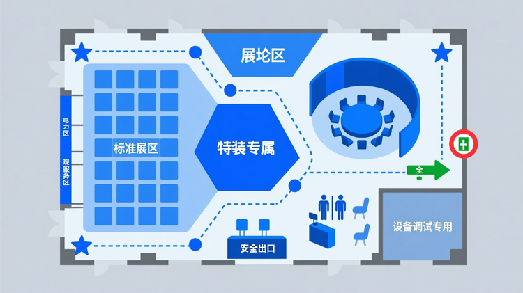 展馆布局示意图,采用俯视平面图风格,明确划分出标准展位区、特装展区、论坛区、观众服务区、技术调试间等功能区域。标注电力接口、网络节点、安全出口等关键基础设施点位,体现空间管理的精细化要求,符合第四步‘空间落地’的核心内容。