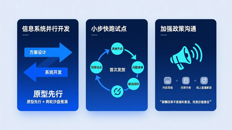 配图设计(对应“怎么做”策略第3-5条):采用三栏卡片式布局,每栏代表一项执行策略。第一栏“信息系统并行开发”:图标为两个并行箭头,分别指向“方案设计”与“系统开发”,下方标注“原型先行 + 两轮沙盘推演”;第二栏“小步快跑试点”:流程图展示“选择试点 → 首次发放 → 座谈会 → 问题清单 → 解决闭环”五步循环,末尾加刷新图标表示迭代;第三栏“加强政策沟通”:图标为喇叭传播波纹,下方列举三种形式:“内部简报”、“问答手册”、“线上直播解读”,并强调核心信息:“薪酬改革不是福利普涨,而是价值重估”。关键词包括:'原型先行'、'小步快跑试点'、'反馈响应机制'、'预期管理'。主色调为深蓝,三栏等宽独立,边界清晰,图标统一风格,文字简洁,字号逐级缩小,整体水平对齐,模块间距相等,边缘留白12%。