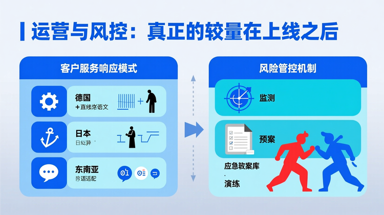 针对“运营与风控:真正的较量在上线之后”段落,设计为双模块并列布局,左模块标题为'客户服务响应模式',列出三种地区差异:德国(图标:齿轮+直线条文)、日本(图标:鞠躬人物+流程图)、东南亚(图标:对话气泡+多语言),每项用浅色块区分;右模块为'风险管控机制',包含三个层次:监测(雷达图标)、预案(文档列表)、演练(红蓝对抗角色图标)。中间以双向箭头连接,表示动态闭环。主色调为深蓝,辅助色为浅蓝与橙黄。核心关键词'风险管控与优化迭代'顶部居中,加粗。子项中‘红蓝对抗机制’用主色调特别标注,并配小型模拟场景插图示意(如封号、扣货)。文字简洁,仅保留必要术语,字号逐级递减。整体结构平衡,模块内对齐工整,外边距留白15%,适合嵌入长文中部位置。