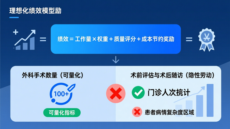 采用上下分栏对比布局,上半部分展示理想化绩效模型公式:“绩效 = 工作量 × 权重 + 质量评分 + 成本节约奖励”,配简笔图表图标;下半部分列出三项现实复杂性:左侧为外科手术数量(可量化)配图标,右侧为术前评估与术后随访(隐性劳动)配✗图标;中间门诊人次统计配✓,患者病情复杂度区分配✗。下方用柱状图示意某医院因DRG结余波动导致的'资金超支风险',柱体超出警戒红线。关键词包括:'绩效测算模型失真'、'资金超支风险'、'DRG结余留用'。主色调为深蓝,正向指标用绿色辅助色,负向用橙色辅助色,公式区域用浅蓝底色矩形突出,文字均为无衬线体,字号逐级递减,元素垂直居中对齐,模块间有细实线分隔,整体保留10%留白。