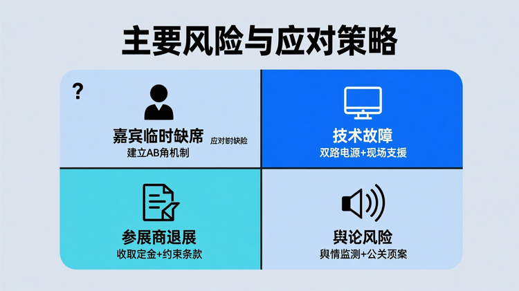 设计风险防控四象限图,背景为浅色纯色块,标题 '主要风险与应对策略' 居中上方。四个象限均等分布,每个象限包含一个极简图标+风险类型+应对措施:左上 '嘉宾临时缺席'(人物问号图标)→ '建立AB角机制';右上 '技术故障'(服务器图标)→ '双路电源+现场支援';左下 '参展商退展'(合同图标)→ '收取定金+约束条款';右下 '舆论风险'(声波图标)→ '舆情监测+公关预案'。主色调用于 '技术故障' 与 '舆论风险',反映高影响项,文字字号层级分明,整体布局规整对称。
