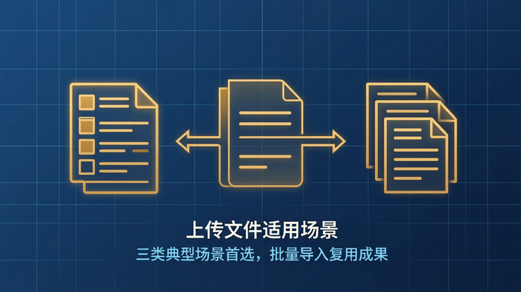 16:9 横版纯扁平化矢量功能插图,平涂科技蓝底色搭配细浅色网格线,无渐变无光影无立体效果,整体干净简约,无人物无品牌 Logo 无冗余装饰;画面中心横向均匀排布三组纯平涂场景示意图形模块,从左到右分别对应表格任务清单、文件迁移流转箭头、多文档合并整合,直观呈现上传文件创建的三类核心适用场景,核心图形元素用暖金色平涂高亮,图形区域内无任何文字、数字、标签,严格避免生成乱码;仅在画面下方居中位置放置主标题 “上传文件适用场景” 与副标题 “三类典型场景首选,批量导入复用成果”,采用简洁平涂中文无衬线字体,文字为白色与浅蓝色,排版规整层级分明;严格禁止画面出现任何未指定的文字、数字、符号与乱码,禁止 3D 效果、渐变阴影、立体悬浮与多余装饰,整体沉稳专业,具备标准扁平化企业级产品功能展示质感。