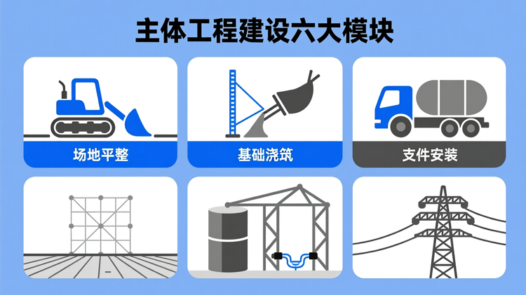 配图设计(对应“施工准备与主体建设”段落):采用卡片式矩阵布局,3×2六宫格结构,每格为独立施工环节单元,含顶部线性图标、中部关键词、底部极简流程图示。从左至右、从上至下内容为:①推土机 + '场地平整' + 水平地面线;②测量标杆 + '测量放线' + 坐标网格;③混凝土罐车 + '基础浇筑' + 圆柱基桩;④金属支架 + '支架安装' + 立体桁架;⑤光伏板阵列 + '组件铺设' + 直流电缆连接;⑥高压铁塔 + '输电架线' + 架空线路。上方主标题:'主体工程建设六大模块',使用粗体无衬线字。核心关键词'组件铺设'使用主色调蓝色突出,其余关键词为深灰色。主色调占60%以上,应用于标题、图标描边与部分背景色块,辅助色为浅橙与浅蓝,用于区分不同施工类型区域。整体布局规整,内外边距统一,留白充足。