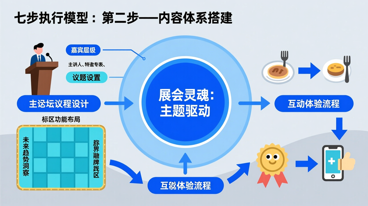 一张步骤分解式架构图,呈现‘七步执行模型’中的第二步——内容体系搭建。中心为‘展会灵魂:主题驱动’,向外辐射三大分支:主论坛议程设计(含嘉宾层级与议题设置)、展区功能布局(按品牌等级分区+动线引导示意)、互动体验流程(试吃区、游戏打卡点、社交分享触发点)。各模块用扁平插画元素表示,如讲台、展位格子、人群动线箭头,逻辑清晰、层次分明。