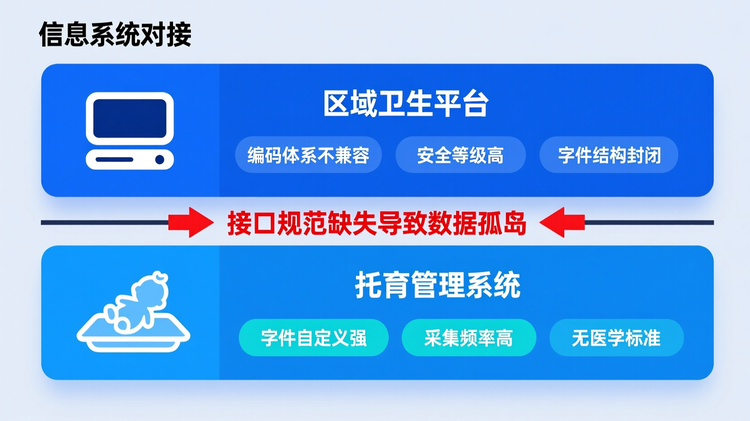 配图3:位于第四段“信息系统对接”核心观点句之后,采用上下分栏布局进行系统对比分析。上栏标题为'区域卫生平台',配服务器图标,列出数据特征:'编码体系不兼容'、'安全等级高'、'字段结构封闭';下栏标题为'托育管理系统',配托盘婴儿图标,对应特征:'字段自定义强'、'采集频率高'、'无医学标准'。中间用双向红色警示箭头连接,标注核心问题:'接口规范缺失导致数据孤岛'。主色调用于两个系统名称及图标,关键词如'接口规范'、'数据采集字段'使用主色调突出,其余用辅助色。分栏之间有明显实线分隔,整体框架为矩形色块包围,确保逻辑层次分明,适配技术类内容中的系统壁垒揭示。