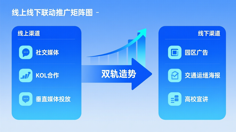 线上线下联动推广矩阵图,左侧列线上渠道(社交媒体、KOL合作、垂直媒体投放),右侧列线下渠道(园区广告、交通枢纽海报、高校宣讲),中间用双向箭头连接,形成‘双轨造势’视觉隐喻。配以增长曲线示意关注度提升节奏,强化前置推广的重要性。