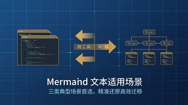 16:9 横版纯扁平化矢量功能插图,平涂科技蓝底色搭配细浅色网格线,无渐变无光影无立体效果,整体干净简约,无人物无品牌 Logo 无冗余装饰;画面中心横向均匀排布三组纯平涂场景示意图形模块,从左到右分别对应代码文件素材、跨工具迁移箭头、版本分支代码结构,直观呈现 Mermaid 文本创建的三类核心适用场景,核心图形元素用暖金色平涂高亮,图形区域内无任何文字、数字、标签,严格避免生成乱码;仅在画面下方居中位置放置主标题 “Mermaid 文本适用场景” 与副标题 “三类典型场景首选,精准还原高效迁移”,采用简洁平涂中文无衬线字体,文字为白色与浅蓝色,排版规整层级分明;严格禁止画面出现任何未指定的文字、数字、符号与乱码,禁止 3D 效果、渐变阴影、立体悬浮与多余装饰,整体沉稳专业,具备标准扁平化企业级产品功能展示质感。