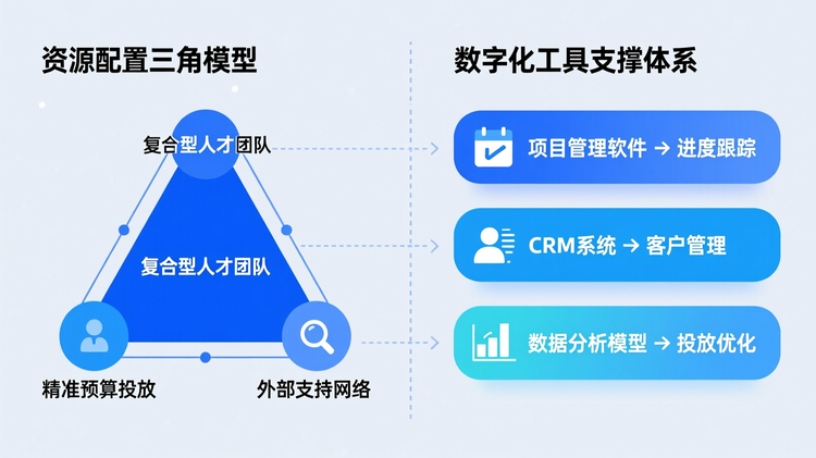 采用左右对称布局,左侧标题为 '资源配置三角模型',内含三个等边分布的元素:'复合型人才团队'(顶部)、'精准预算投放'(左下)、'外部支持网络'(右下),构成稳定三角结构,主色调填充 '复合型人才团队'。右侧为 '数字化工具支撑体系',纵向排列三个带图标的条目:'项目管理软件 → 进度跟踪'、'CRM系统 → 客户管理'、'数据分析模型 → 投放优化',使用辅助色区分。两大部分之间用虚线分隔,体现协同关系。