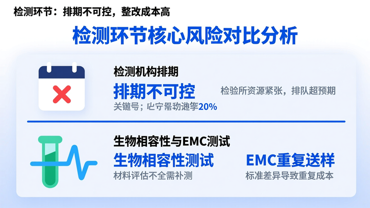 配图2:布局为上下分栏对比结构,标题为'检测环节核心风险对比分析'。上半部分为'检测机构排期',左侧图标为日历标记叉号,关键词'排期不可控'用主色调突出,右侧说明'检验所资源紧张,排队超预期';下半部分为'生物相容性与EMC测试',左侧图标为试管与波形组合,关键词'生物相容性测试'和'EMC重复送样'并列,前者强调'材料评估不全需补测',后者强调'标准差异导致重复成本'。两部分内容由中间一条水平实线分隔,每部分内文字与图标左对齐,色块边界清晰。主色调为科技蓝,次要信息使用浅灰,背景为纯白。关键词字号比说明大20%,整体垂直居中,置于“检测环节:排期不可控,整改成本高”段落后。