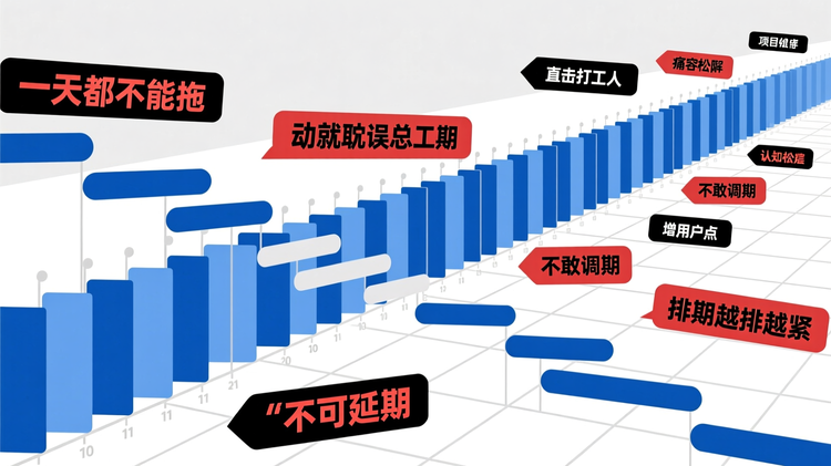 横版扁平化矢量插画,科技蓝与浅灰白为主色调,深红色强化痛点视觉氛围,画面主体为一条横向延伸的甘特图时间轴,轴上所有任务条首尾紧密衔接、毫无缓冲空隙,密集排布呈现出全程紧绷的压迫感;任务周边错落点缀简洁的痛点关键词文字标签,如「一天都不能拖」「动就耽误总工期」「不敢调期」「排期越排越紧」,用文字直击打工人排期焦虑,强化新手误以为所有任务都不能延期的痛点代入感,画面干净克制、层级分明,无人物、无品牌标识、无复杂写实元素,整体风格简洁商务、沉稳可信。