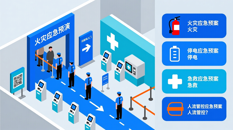 一张现场运营预演场景图,采用俯视平面布局结合侧边功能说明栏形式。主图展示展馆入口区域:观众扫码入场、注册终端分布、指示牌导向、工作人员引导动线;侧栏列出四大应急预案图标:火灾(灭火器)、停电(备用电源)、急救(医疗站)、人流管控(隔离带)。整体风格规整有序,突出‘细节决定成败’的执行理念,体现宁可备而不用、不可用而不备的管理哲学。