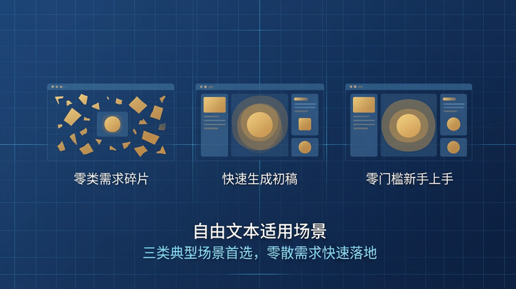 16:9 横版纯扁平化矢量功能插图,平涂科技蓝底色搭配细浅色网格线,无渐变无光影无立体效果,整体干净简约,无人物无品牌 Logo 无冗余装饰;画面中心横向均匀排布三组纯平涂场景示意图形模块,从左到右分别对应零散需求碎片、快速生成初稿、零门槛新手上手,直观呈现自由文本创建的三类核心适用场景,核心图形元素用暖金色平涂高亮,图形区域内无任何文字、数字、标签,严格避免生成乱码;仅在画面下方居中位置放置主标题 “自由文本适用场景” 与副标题 “三类典型场景首选,零散需求快速落地”,采用简洁平涂中文无衬线字体,文字为白色与浅蓝色,排版规整层级分明;严格禁止画面出现任何未指定的文字、数字、符号与乱码,禁止 3D 效果、渐变阴影、立体悬浮与多余装饰,整体沉稳专业,具备标准扁平化企业级产品功能展示质感。
