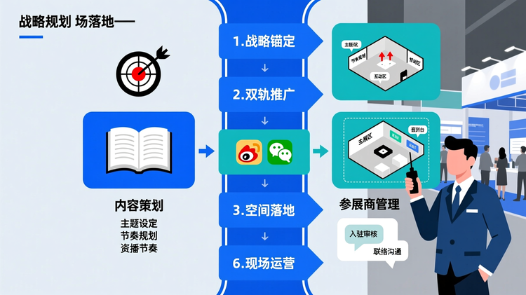 六步执行体系纵向流程图,清晰标注‘战略锚定→内容策划→双轨推广→空间落地→参展商管理→现场运营’的递进逻辑。每一步配简明图标(如目标靶心、议程表、社交媒体符号、展馆平面图、服务对话框、工作人员形象),体现从规划到落地的闭环过程,适合插入文章中部作为主干框架图。