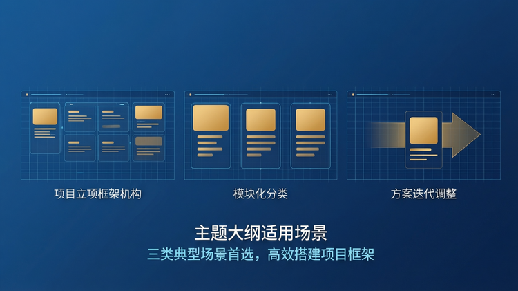 16:9 横版纯扁平化矢量功能插图,平涂科技蓝底色搭配细浅色网格线,无渐变无光影无立体效果,整体干净简约,无人物无品牌 Logo 无冗余装饰;画面中心横向均匀排布三组纯平涂场景示意图形模块,从左到右分别对应项目立项框架结构、模块化分类卡片、方案迭代调整箭头,直观呈现主题大纲创建的三类核心适用场景,核心图形元素用暖金色平涂高亮,图形区域内无任何文字、数字、标签,严格避免生成乱码;仅在画面下方居中位置放置主标题 “主题大纲适用场景” 与副标题 “三类典型场景首选,高效搭建项目框架”,采用简洁平涂中文无衬线字体,文字为白色与浅蓝色,排版规整层级分明;严格禁止画面出现任何未指定的文字、数字、符号与乱码,禁止 3D 效果、渐变阴影、立体悬浮与多余装饰,整体沉稳专业,具备标准扁平化企业级产品功能展示质感。