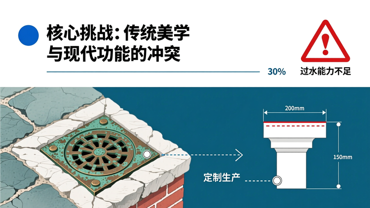 配图设计要求:\n风格:现代简约工笔风\n布局结构:上下分栏式布局(上30%,下70%)\n主色调:黛青色;辅助色:月白色、砖红色\n上栏文字区域:仅放置段落核心观点句‘核心挑战:传统美学与现代功能的冲突’,黑体加粗,居左排列,左侧配一个蓝色实心圆形小图标(直径约为行高的1.2倍),下方延伸一条细实线至下栏图形区。\n下栏图形区域:左侧绘制一个典型非标构件特写——仿古青铜纹雨水口(表面带铜绿质感,嵌入青石板中),右侧并列展示其标准尺寸断面图(标注宽200mm、高150mm),中间用虚线双向箭头连接表示‘定制生产’流程。上方另设一条压缩断面示意:原设计高度被削减至80mm,导致内部积水红线逼近顶部,旁边标注警告三角图标和‘过水能力不足’字样。\n关键词位置:‘非标构件’置于仿古雨水口下方居中,砖红色加框强调;‘材料重制延误’以小号字置于警告图标旁,月白色呈现。\n图标组合方式:所有技术标注使用细线引出,末端为圆形锚点;模块间用轻量级竖直虚线分隔,长度为图形区高度的90%。\n说明:精准绑定‘传统美学牺牲功能性’的核心观点,突出定制化与返工风险。