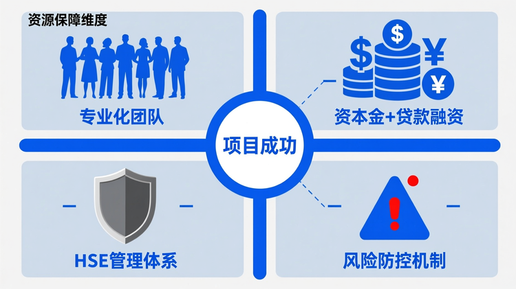 配图设计(对应“支撑体系”段落):采用四象限分区布局,中心为圆形图标“项目成功”,向外辐射四条实线连接四个角区,分别代表资源保障维度。四个角区内容为:①人物剪影组 + '专业化团队';②货币符号叠层 + '资本金+贷款融资';③盾牌图标 + 'HSE管理体系';④预警三角 + '风险防控机制'。每个角区内置两个子项:如风险区含'供应链中断 → 备选供应商'和'极端天气 → 季节性预案',以短横线连接。主标题:'GW级项目四大支撑体系',位于顶部。核心关键词'HSE管理体系'和'风险防控机制'使用主色调蓝色强调,其余为辅助色深灰。主色调贯穿中心圆与连接线,象征统一管控力。整体图形简洁直观,逻辑关系清晰,适配知识传播场景。