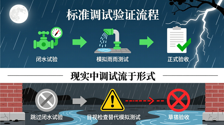 配图设计要求:\n风格:现代简约工笔风\n布局结构:双状态对比布局(上正常流程 vs 下压缩流程)\n主色调:黛青色;辅助色:月白色、砖红色\n上半区:标题‘标准调试验证流程’,下方列出三项有序步骤:① 闭水试验(图标:注水阀门+压力表)→ ② 模拟降雨测试(图标:喷淋装置+地面径流)→ ③ 正式验收(图标:签字文件+绿色对勾),每项左对齐排列,步骤间用绿色向下箭头连接。\n下半区:标题‘现实中调试流于形式’,结构相同但符号变色:① 跳过闭水试验(灰色禁行图标)→ ② 目视检查替代模拟测试(黄色警示眼图标)→ ③ 草率验收(红色叉号),箭头转为红色锯齿线。\n中间横向分隔线为‘首个雨季爆发问题’横幅,背景为暴雨场景剪影,下方列举‘局部倒坡’‘接口松动’‘二次开挖’三项后果,分别配相应微缩图示(弯曲管道、漏水点、破损路面)。\n关键词位置:‘调试环节压缩’作为核心关键词,置于下半区右侧,砖红色加粗;‘隐患后置’置于横幅下方居中,月白色小字。\n图标规格:所有图标统一为24px×24px扁平风格,颜色按状态区分(绿/黄/红)。\n说明:突出理想与现实差距,揭示后期返修根源。