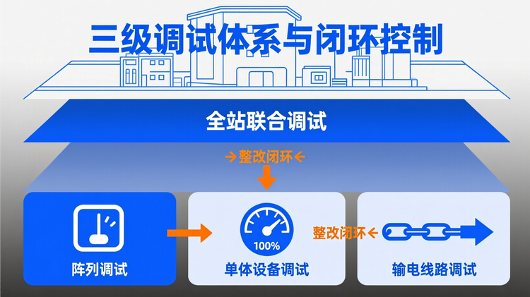 配图设计(对应“系统调试”段落):采用三级递进式纵向布局,由下至上逐层聚合,象征调试层级上升。底层为三个并列模块:①电压表图标 + '阵列调试';②仪表盘图标 + '单体设备调试';③链路符号 + '输电线路调试';中层为居中矩形模块:双向箭头环绕 + '系统联调';顶层为全站轮廓图 + '全站联合调试'。各层之间用粗实线箭头连接,标明“→整改闭环←”反馈回路,体现问题修正机制。主标题:'三级调试体系与闭环控制',位于顶部。核心关键词'全站联合调试'使用主色调蓝色大字号居中显示,其余关键词小幅排列。色彩搭配:主色调蓝色用于所有关键流程文字与连接线,辅助色为浅灰(背景)、橙色(反馈环),整体线条干净利落,逻辑层次分明。
