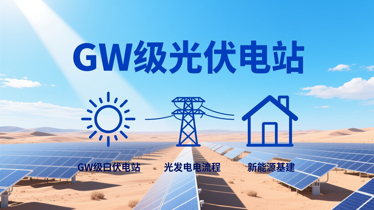 首图设计:采用扁平化信息图风格,展现广袤荒漠地形上整齐铺设的光伏阵列,背景为晴朗天空与低角度阳光照射效果,象征清洁能源的广阔应用场景。画面中央以简洁线条勾勒出'GW级光伏电站'主题文字,下方并列展示三个极简图标——太阳(代表光照资源)、电网塔(代表并网输出)、家庭房屋(代表供电用户),整体布局居中对称,主色调为蓝色(象征能源与科技),辅助色为橙色和灰色,背景纯白留白充分。关键词呈现:'GW级光伏电站'、'光伏发电流程'、'新能源基建',其中核心关键词'GW级光伏电站'使用主色调大字号突出显示,其余关键词小幅排列于下方。