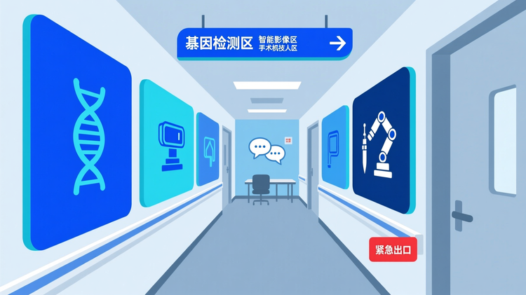 展览功能分区平面示意图,采用医院走廊风格导视设计,清晰标注基因检测区、智能影像区、手术机器人区等核心技术展区,每个区域配专属色彩与简笔器械图标,并在角落设置洽谈室与应急通道,强调专业性与商务效率结合。