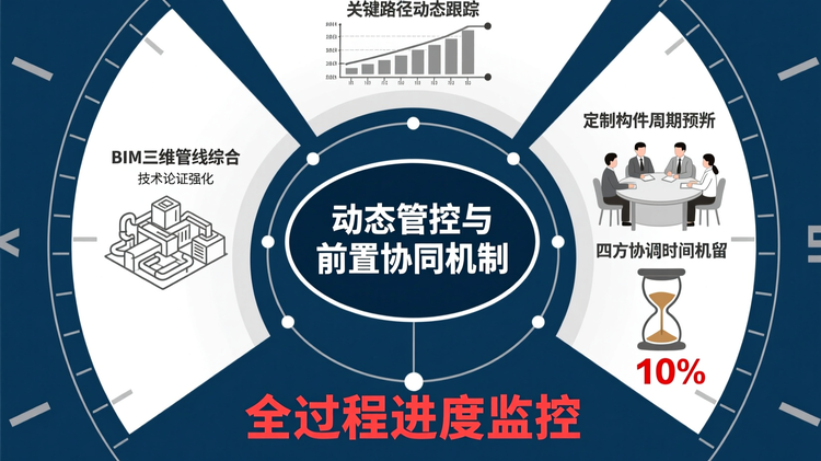 配图设计要求:\n风格:现代简约工笔风\n布局结构:环形闭环管控图(中心发散式)\n主色调:黛青色;辅助色:月白色、砖红色\n中心椭圆模块写‘动态管控与前置协同机制’,深蓝底白字,作为视觉焦点。外围环绕五个扇形模块,顺时针依次为:① BIM三维管线综合(图标:立体管网模型)② 关键路径动态跟踪(图标:甘特图片段)③ 定制构件周期预判(图标:工厂生产流程)④ 四方协调会机制(图标:会议桌四人围坐)⑤ 弹性缓冲时间预留(图标:沙漏+10%标注)。\n各模块之间用细弧线连接,构成闭环;中心模块向外发射五条细实线,分别连通对应扇区。\n关键词位置:‘全过程进度监控’作为核心关键词,置于中心模块下方,砖红色加粗;‘技术论证强化’作为次级词,置于BIM模块旁,月白色小字。\n色彩应用:中心模块为主色调黛青色;外围模块交替使用月白色与极浅灰底,标题文字统一为深灰;连接线为中灰细线。\n分隔元素:无硬边框,仅通过留白区分扇区,整体呈钟表盘式分布。\n说明:完整呈现应对策略的系统架构,强调机制联动性。