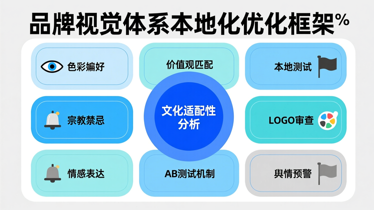 针对“品牌本地化:文化误读比语言错误更致命”段落,采用矩阵式布局,3×3网格展示九个品牌本地化要素。中心格为圆形图标包围的核心关键词'文化适配性分析',向外辐射八项子要素:'色彩偏好'、'宗教禁忌'、'价值观匹配'、'本地测试'、'LOGO审查'、'情感表达'、'AB测试机制'、'舆情预警'。每项置于独立圆角矩形内,使用统一细线边框分隔。主色调为绿色系(象征融合与适应),辅助色为浅绿与暖黄,次要项缩小字号并降低饱和度。中心元素占比40%,突出其核心地位。每个单元格配极简图标(如眼睛代表测试、警铃代表预警)。顶部标题为'品牌视觉体系本地化优化框架',使用大号无衬线字。整体布局规整,行列对齐,单元格间距相等,外缘留白13%,确保可读性和视觉秩序。