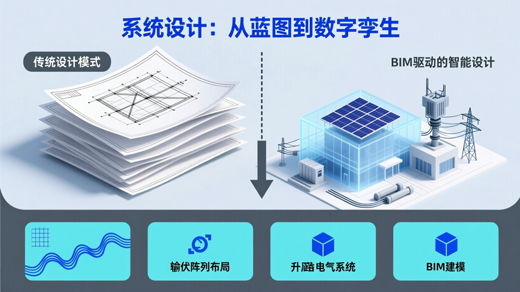 配图设计(对应“系统设计”段落):采用上下分栏对比布局,上半部分展示传统二维图纸堆叠示意,下半部分展示三维BIM数字模型透视图,中间以向下箭头线条连接,表示技术演进方向。左侧列标注'传统设计模式',右侧列标注'BIM驱动的智能设计',形成清晰对照。核心元素包括:顶部标题'系统设计:从蓝图到数字孪生',使用大号无衬线字体;四个并列卡片置于下部,分别含图标与关键词:①布局网格图标 + '光伏阵列布局';②变电站符号 + '升压站电气系统';③电缆路径线 + '输电线路设计';④三维立方体 + 'BIM建模'。主色调为蓝色,用于所有关键词文字及模型轮廓线,辅助色为浅蓝(背景卡)、深灰(说明文字)。'BIM建模'作为核心关键词,字号放大25%,位置居中偏下,引导视觉重心。