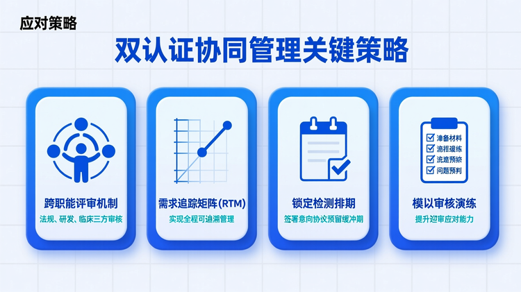 配图3:采用矩阵式卡片布局,标题为'双认证协同管理关键策略',四张等大圆角矩形卡片横向排列,每张卡片包含一个极简线性图标与一组关键词+短句说明。第一张图标为多人团队,关键词'跨职能评审机制',说明'法规、研发、临床三方审核';第二张图标为追踪表格,关键词'需求追踪矩阵(RTM)',说明'实现全程可追溯管理';第三张图标为日程协议,关键词'锁定检测排期',说明'签署意向协议预留缓冲期';第四张图标为模拟检查表,关键词'模拟审核演练',说明'提升迎审应对能力'。所有卡片使用相同大小字体与间距,主色调用于关键词与图标边框,辅助色用于说明文字。卡片之间等距分布,外边距占画布12%,整体置于“应对策略”相关内容后,确保语义连贯。