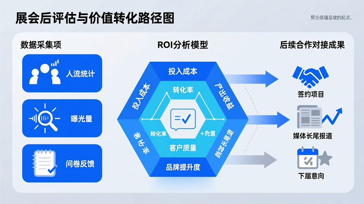 展会后评估与价值转化路径图,左侧列数据采集项(人流统计、曝光量、问卷反馈),中间为ROI分析模型,右侧延伸至后续合作对接成果(签约项目、媒体长尾报道、下届意向)。强调展会不是终点而是价值延续起点,契合结尾总结段落主旨。