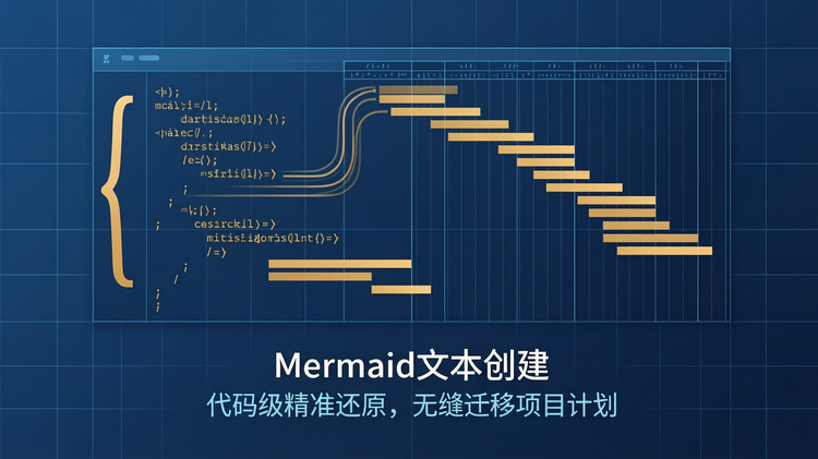 16:9 横版纯扁平化矢量功能插图,平涂科技蓝底色搭配细浅色网格线,无渐变无光影无立体效果,整体干净简约,无人物无品牌 Logo 无冗余装饰;画面中心呈现代码转化为甘特图的示意图形,左侧是简约代码括号与代码行块图形,通过引导线条过渡为右侧规整的甘特图任务条块,直观体现代码级精准还原项目计划的特性,核心代码元素用暖金色平涂高亮,图形区域内无任何文字、数字、标签,严格避免生成乱码;仅在画面下方居中位置放置主标题 “Mermaid文本创建” 与副标题 “代码级精准还原,无缝迁移项目计划”,采用简洁平涂中文无衬线字体,文字为白色与浅蓝色,排版规整层级分明;严格禁止画面出现任何未指定的文字、数字、符号与乱码,禁止 3D 效果、渐变阴影、立体悬浮与多余装饰,整体沉稳专业,具备标准扁平化企业级产品功能展示质感。