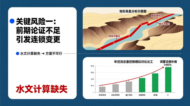 配图设计要求:\n风格:现代简约工笔风\n布局结构:左文右图三栏布局(左1/3为文字引导区,右2/3为双子图区块)\n主色调:黛青色;辅助色:月白色、砖红色\n左栏文字区:顶部写明‘关键风险一:前期论证不足引发连锁变更’,黑体加粗,左侧对齐,前缀蓝色实心圆点图标;下方简注‘水文计算缺失 → 方案不可行’,使用细线向下连接右侧图表。\n右栏双子图:上图为‘地形高差分析示意图’,采用等高线叠加汇水路径的平面图,色彩由浅黄(低处)到深褐(高处)渐变,三条红色粗线代表错误坡向的管道走向,末端标注‘排水不畅点’;下图为‘年径流总量控制模拟对比柱状图’,左侧为未达标项目(灰色柱低于红线阈值),右侧为达标项目(绿色柱触达或超过红线),上方标注法规要求百分比(如≥85%)。\n关键词位置:‘水文计算缺失’置于上图下方居中,砖红色加粗;‘调蓄设施补做’置于下图右侧,月白色小字。\n分隔元素:左右两栏之间用一条灰色细实线分割,线长等于内容高度;双子图之间用短虚线横向分隔,位于中部。\n说明:强化‘前期数据缺失导致后期返工’的逻辑链条,体现技术衔接漏洞。
