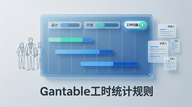 风格为现代简约数字办公风。画面采用居中构图,核心视觉主体为一个半透明蓝色玻璃态甘特图模块(含3条横向时间轴色块、2个带标签的进度条、1个高亮的‘工时归属’切换开关图标),占据画面65%视觉焦点;左侧叠加简洁线条绘制的人物剪影(代表成员),右侧叠加微缩任务卡片图标(带‘负责人’文字标签);主标题文字‘Ganttable工时统计规则’以深灰无衬线字体置于画面下方留白区,字号最大,居中对齐;整体背景为浅灰渐变,无纹理无装饰。