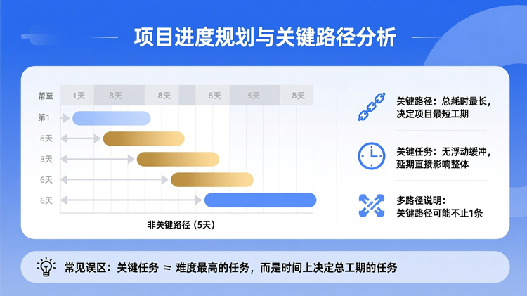 16:9横版扁平化矢量信息图,B端SaaS产品帮助文档配图,科技蓝与浅灰白为主色调,暖金色作为核心高亮色,整体干净克制、排版规整、留白充足,无多余装饰与品牌标识,采用简约中文无衬线字体且字号层级清晰分明;画面采用上下结构,顶部为居中标题区,中部为左右分栏核心内容区,左侧是含3组任务链、第1-8天时间刻度、细浅灰箭头表示依赖关系的简化甘特图,2条8天时长的关键路径用暖金色实心圆角条、1条5天时长的非关键路径用浅科技蓝色实心圆角条并配极简标注,右侧是3条垂直排列的概念注解,每条搭配对应线性小图标与精简说明文字,分别为链条图标+关键路径:总耗时最长,决定项目最短工期、时钟图标+关键任务:无浮动缓冲,延期直接影响整体、双路径图标+多路径说明:关键路径可能不止1条,底部为通栏浅灰圆角提示区,左侧配灯泡线性图标,右侧标注常见误区:关键任务 ≠ 难度最高的任务,而是时间上决定总工期的任务;禁止3D效果、复杂插画与冗余装饰元素,所有文字清晰可识别、信息层级明确