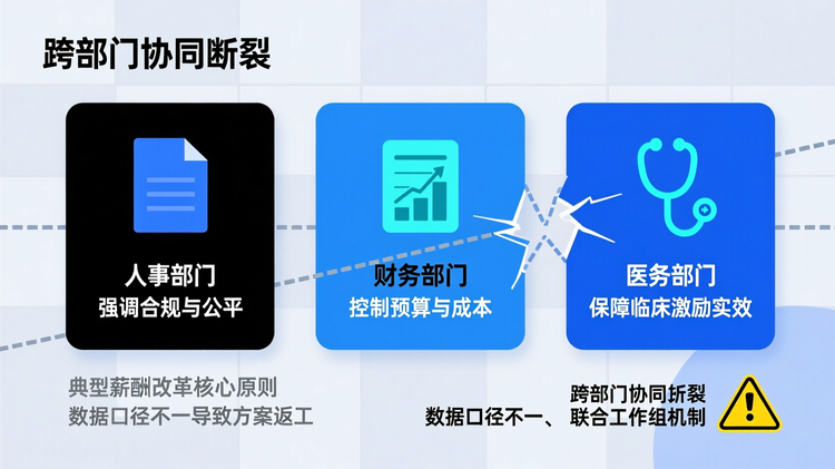 采用矩阵式布局,分四行展示四大风险,当前聚焦第一行“跨部门协同断裂”。该行由三个等宽卡片并列组成,分别代表'人事部门'(图标:文件文档)、'财务部门'(图标:预算表)、'医务部门'(图标:听诊器),每张卡片内用一句话说明关注点:'强调合规与公平'、'控制预算与成本'、'保障临床激励实效'。三者之间用断裂虚线连接,下方标注典型问题:'数据口径不一导致方案返工',并在“制定薪酬改革核心原则”任务处添加黄色警告三角图标。关键词包括:'跨部门协同断裂'、'数据口径不一'、'联合工作组机制'。主色调为深蓝,卡片边框为辅助色浅灰,文字对比鲜明,卡片内图文上下排列,图标在上、文字在下,间距均匀,整体模块上下左右对齐,保留12%边缘留白。
