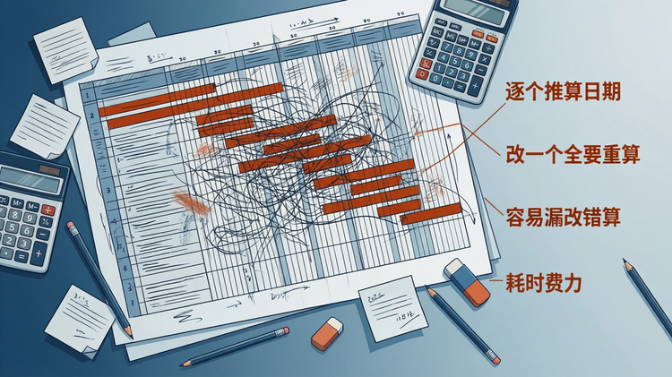 16:9 横版扁平化矢量插画,科技蓝与浅灰白为主色调,深橙红色强化痛点氛围,画面主体为一张杂乱的手动排期甘特草图,密集的任务条间交错缠绕着手绘依赖连线,多处留有涂改修正与橡皮擦除的痕迹,旁侧散落着计算器、便签草稿等元素,周边错落标注「逐个推算日期」「改一个全要重算」「容易漏改错算」「耗时费力」的痛点关键词,直观呈现手动排期繁琐混乱、工作量大的困境,精准引发从业者共情,画面干净克制、层级分明,无人物、无品牌标识、无复杂写实元素,整体风格简洁商务、沉稳可信。