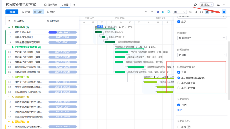 该图片展示在甘特图视图中,开启进度自动计算配置的入口。可以切换三种方式的位置。